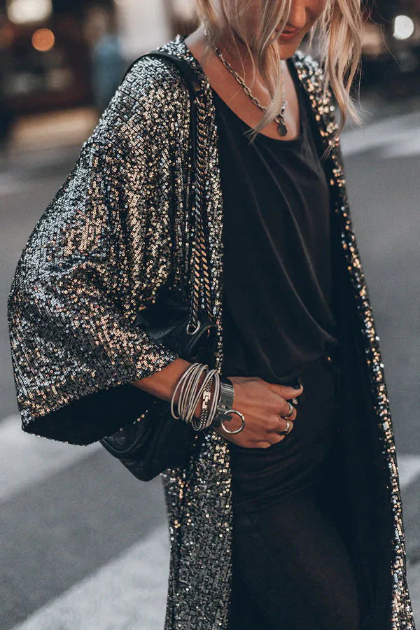 Women’s Duster Cardigan – Sequin Embellished – Loose Fit – Open Front 3/4 Sleeve