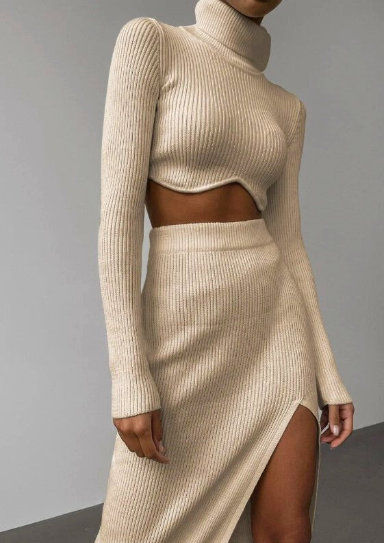 Women’s Crop Top – Ribbed Knit – Slim Fit Turtleneck – Long Sleeve Matching Set