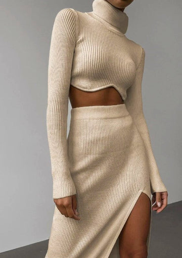 Women’s Crop Top – Ribbed Knit – Slim Fit Turtleneck – Long Sleeve Matching Set