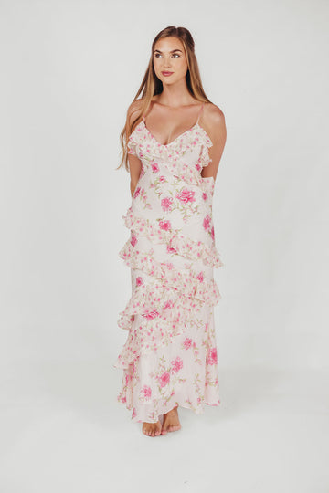 Women's Maxi Dress - Floral Print - V-Neck - Ruffle Tiered - Spaghetti Straps - Flowy Fit