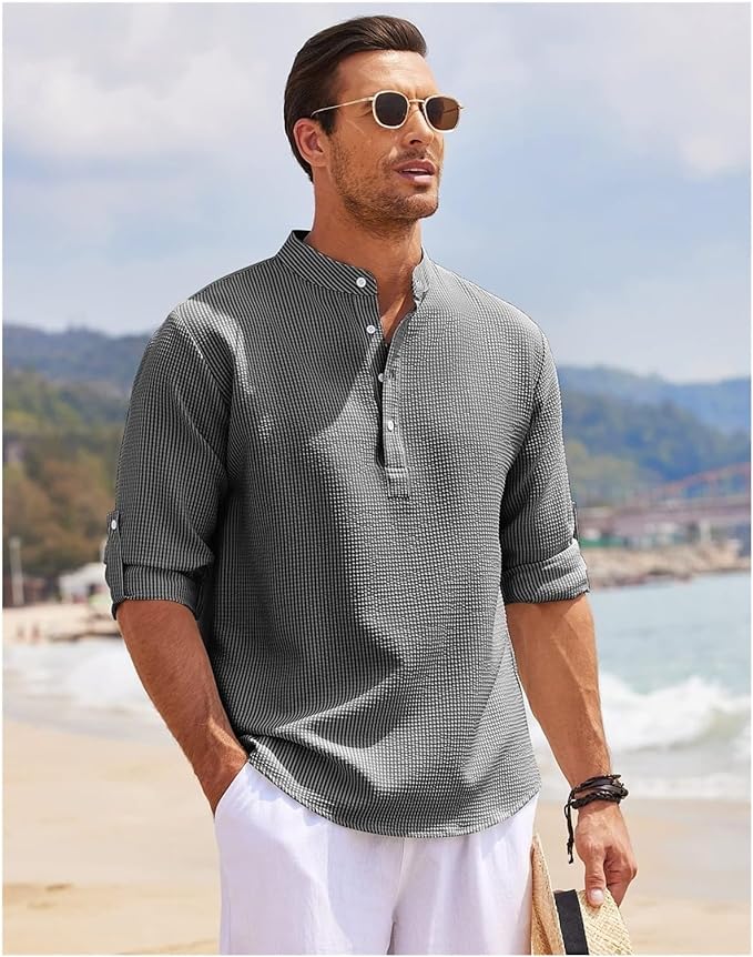 Men’s Casual Shirt – Relaxed Fit – Lightweight Cotton – Band Collar – Buttoned Cuffs