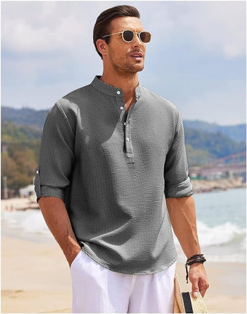 Men’s Casual Shirt – Relaxed Fit – Lightweight Cotton – Band Collar – Buttoned Cuffs