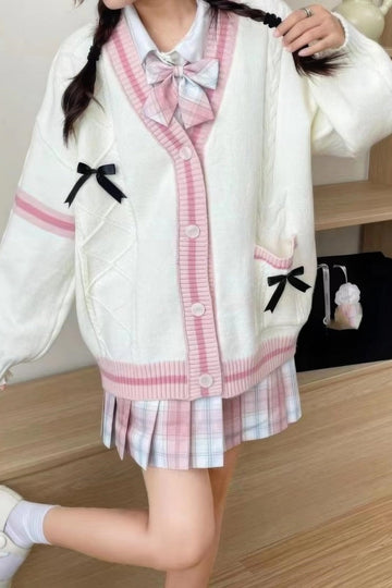 Women’s Cardigan – Relaxed Fit – Cable-Knit – Button Front – Bows – Ribbed Trim – Pockets