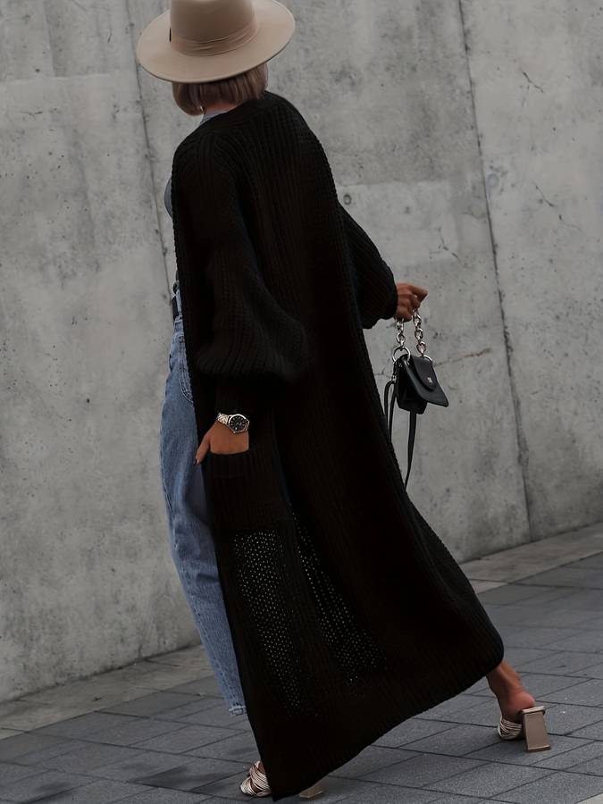 Women’s Long Cardigan – Chunky Knit – Oversized Fit – Open Front – Balloon Sleeves