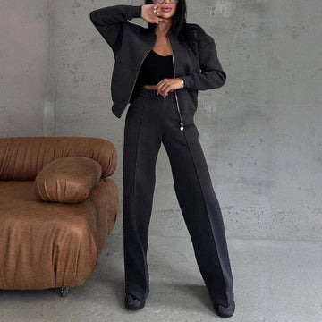 Zipper jacket and wide leg pants set for women