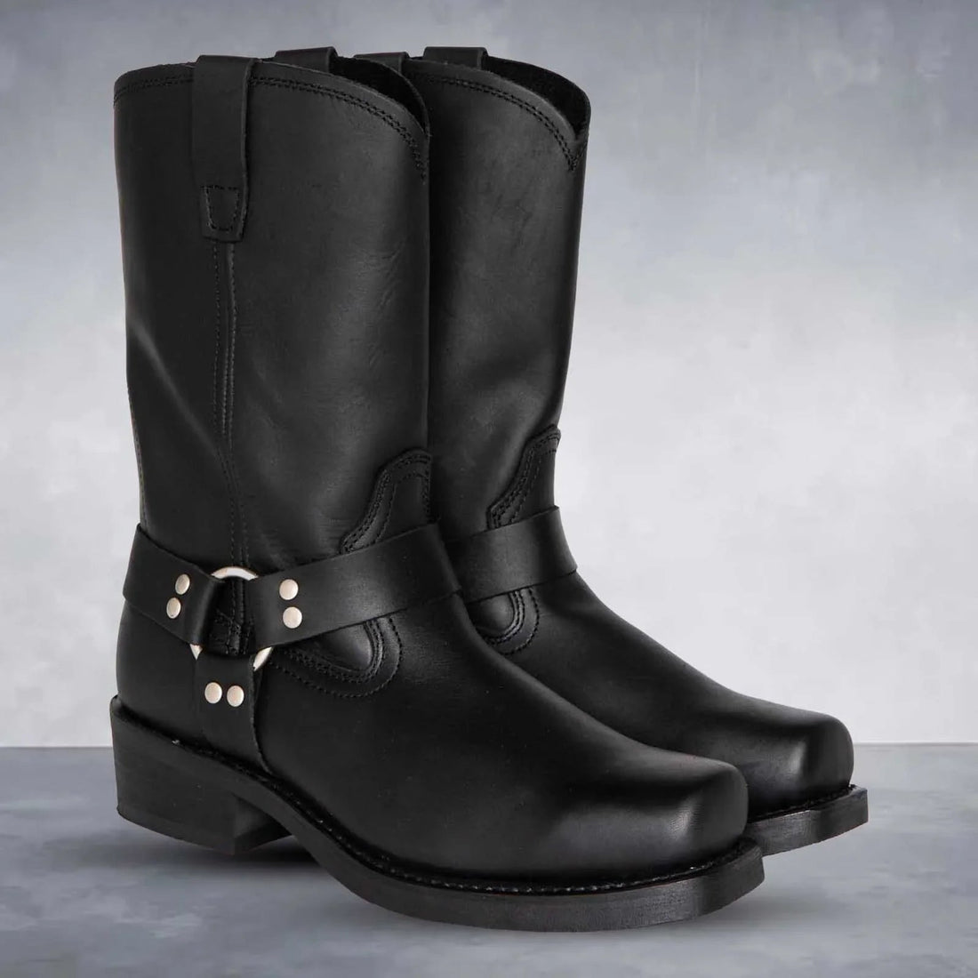 Women's Cowboy Boots – Leather Western Style – Mid Calf – Harness Strap – Pull-On