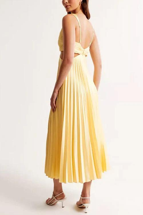 Women’s Midi Dress – Satin Fabric – Pleated Skirt – Cut-Out Back – Thin Straps