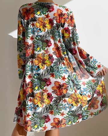 Women's Swim Cover-Up – Lightweight Sheer Fabric – Long Sleeve – Tropical Floral Print