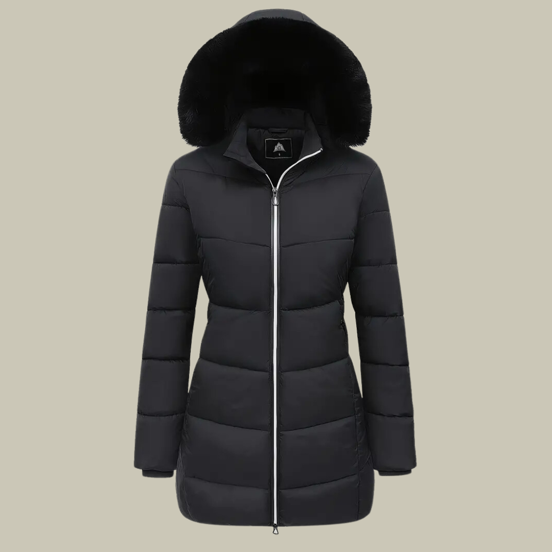 Quilted fur hoodie mid-length winter jacket for women