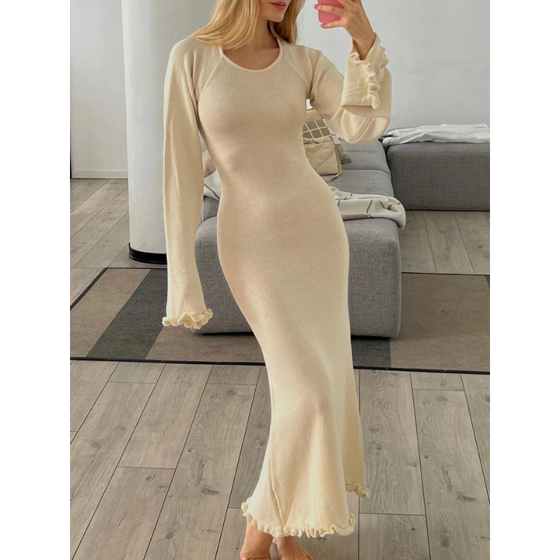 Knitted Women's Backless Dress with Bow Detail and Wide Long Sleeves - Elegant & Chic