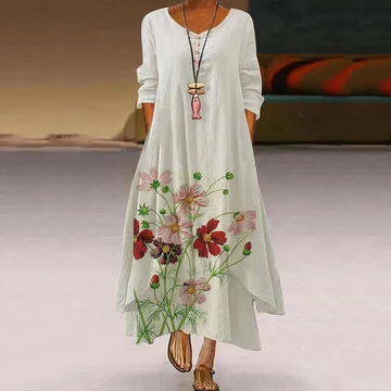 Women’s Maxi Dress – Relaxed Fit – Floral Print – Long Sleeve – Button Neckline – Natural Fibers