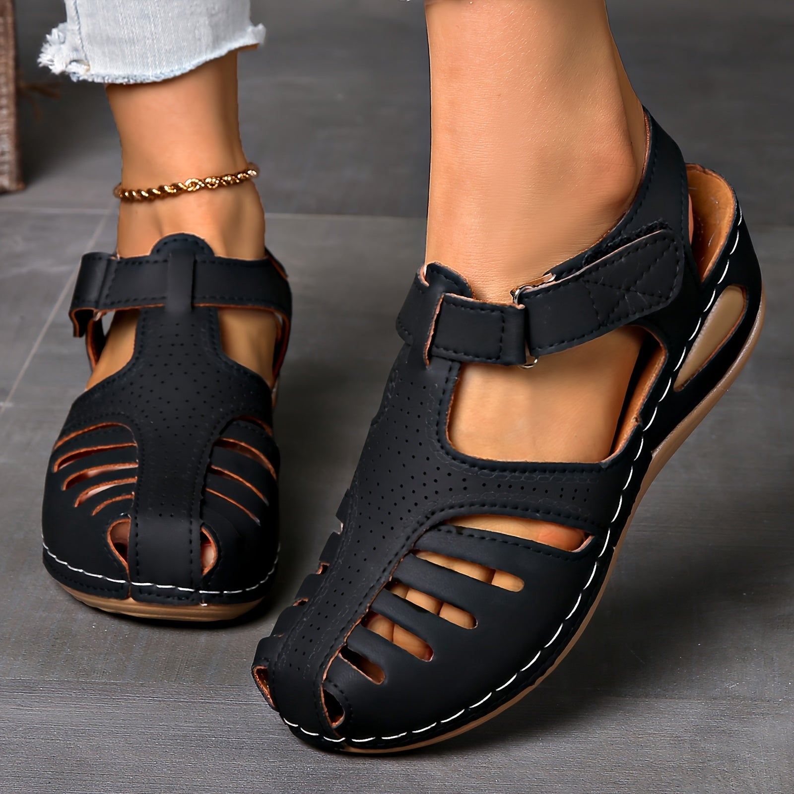 Round toe platform heel ankle strap sandals for women