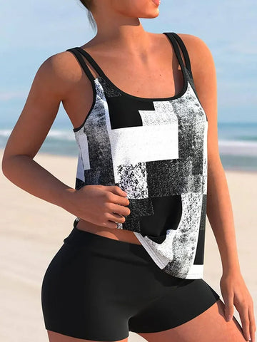 Women’s Tankini Top – Double Strap – Scoop Neck – Geometric Print – Relaxed Fit
