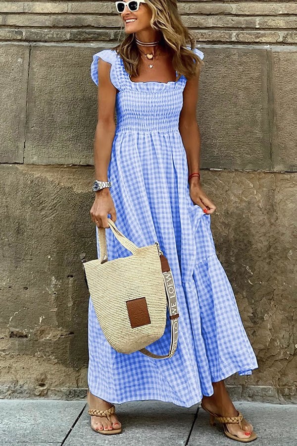 Women's Maxi Dress - Gingham Pattern - Smocked Bodice - Flutter Sleeves - Flowing Fit
