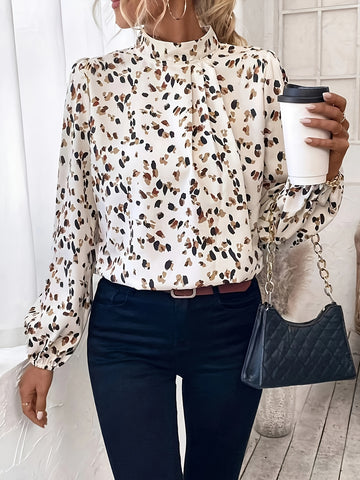 High neck long sleeve printed blouse for women