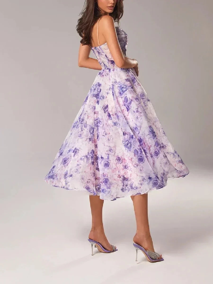 Women’s Midi Dress – Chiffon A-Line – Floral Print – Spaghetti Straps – Fitted Bodice