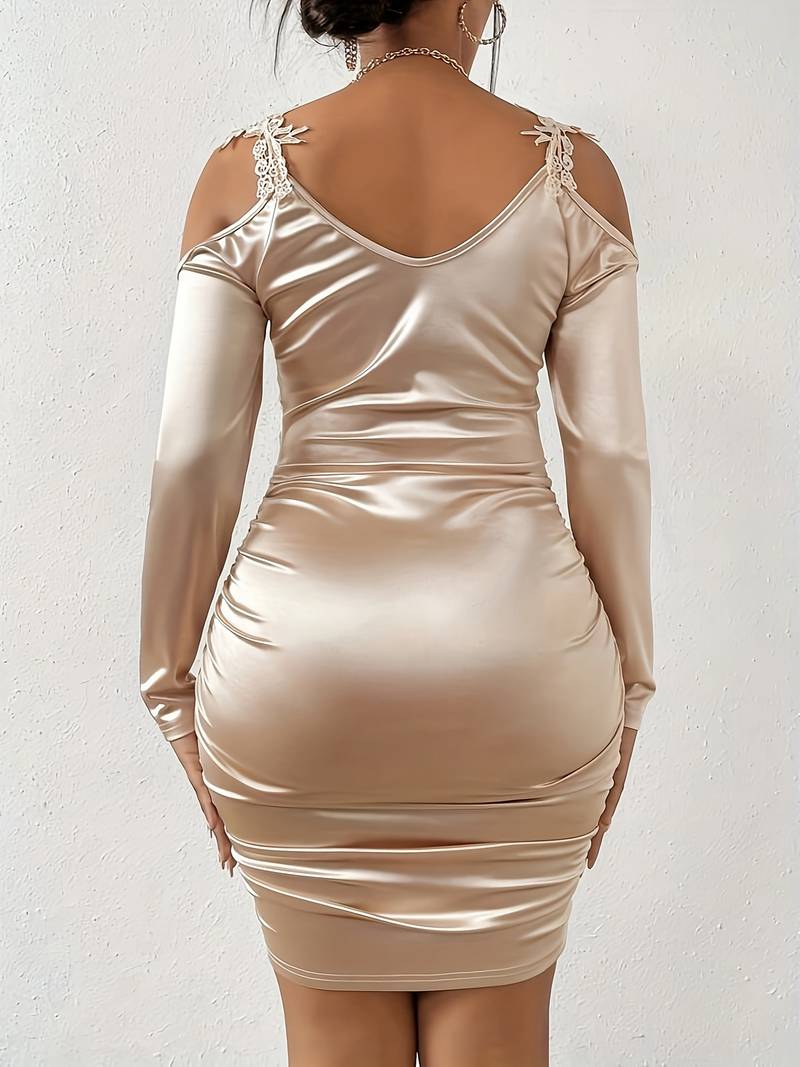 Women's Cold Shoulder Bodycon Dress - Ruched Satin - Lace Detail - V-Neck Elegant Wear