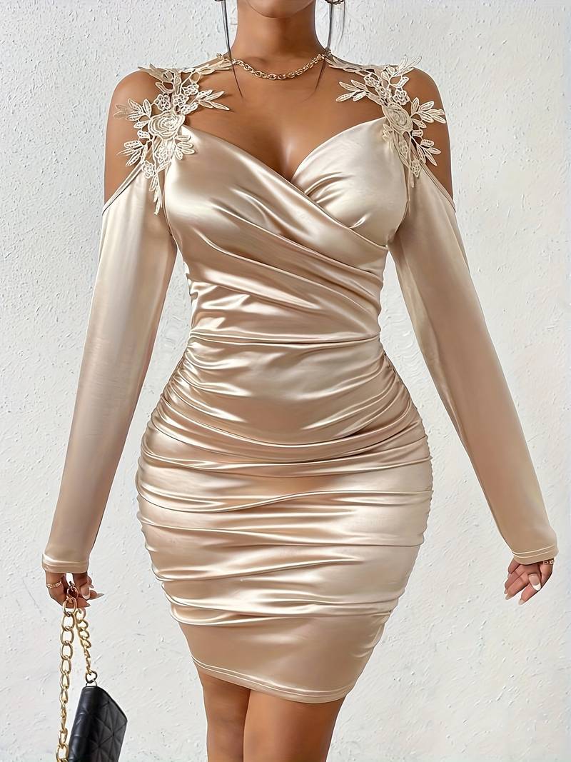 Women's Cold Shoulder Bodycon Dress - Ruched Satin - Lace Detail - V-Neck Elegant Wear