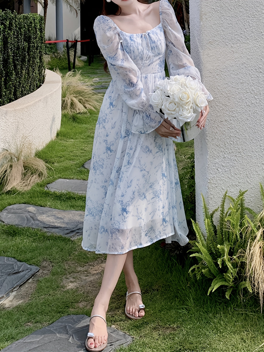 Women's Midi Dress - Chiffon Floral - Square Neck - Long Bell Sleeves - Elegant Fit