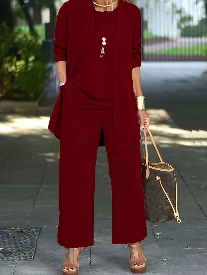 Women’s Three-Piece Suit – Relaxed Fit – Long Open Jacket – Wide-Leg Trousers
