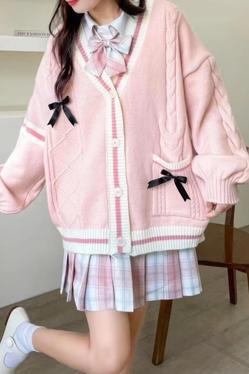 Women’s Cardigan – Relaxed Fit – Cable-Knit – Button Front – Bows – Ribbed Trim – Pockets