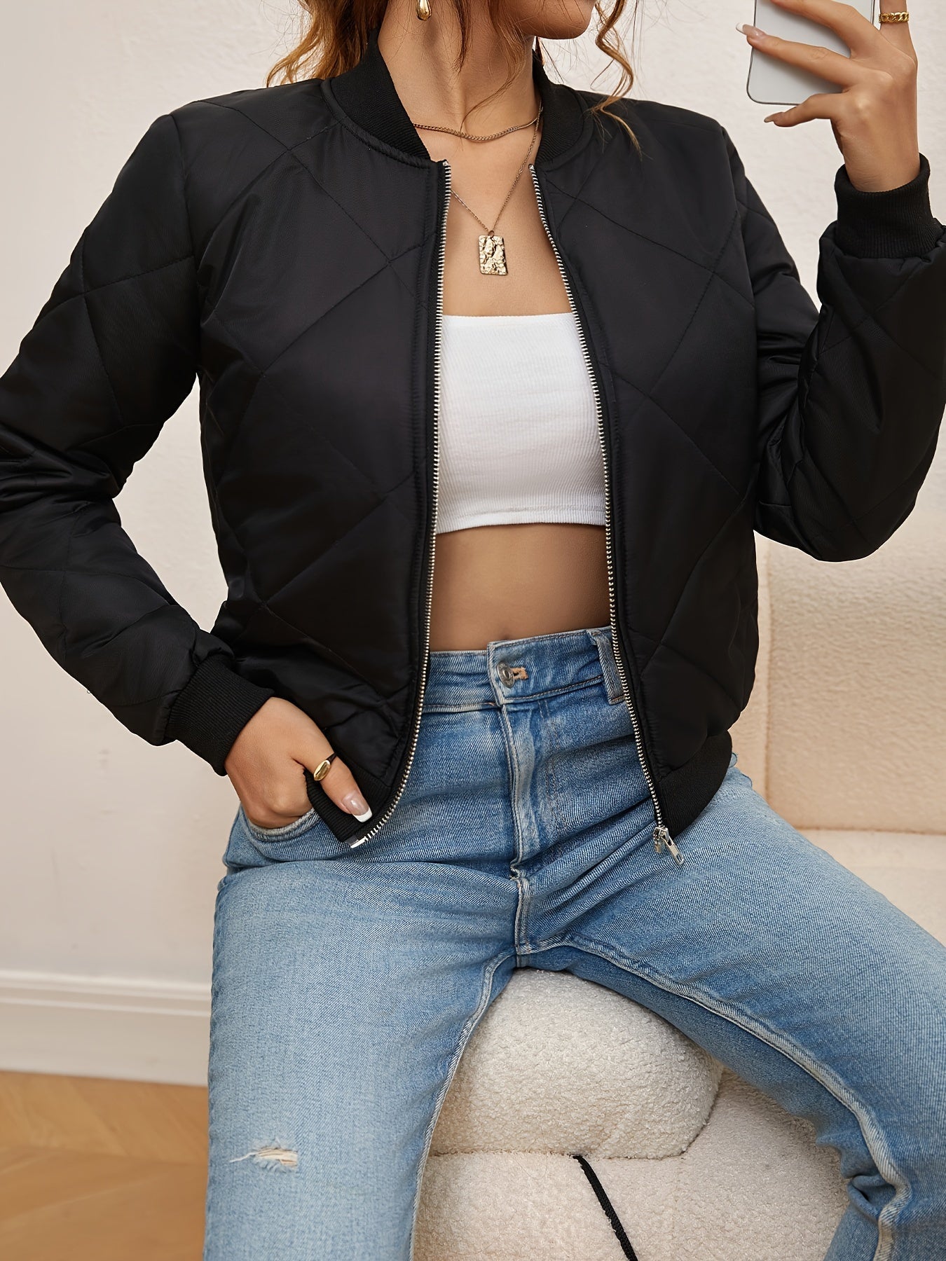 Women’s Bomber Jacket – Quilted Argyle – Cropped Fit – Ribbed Trim – Zip Front