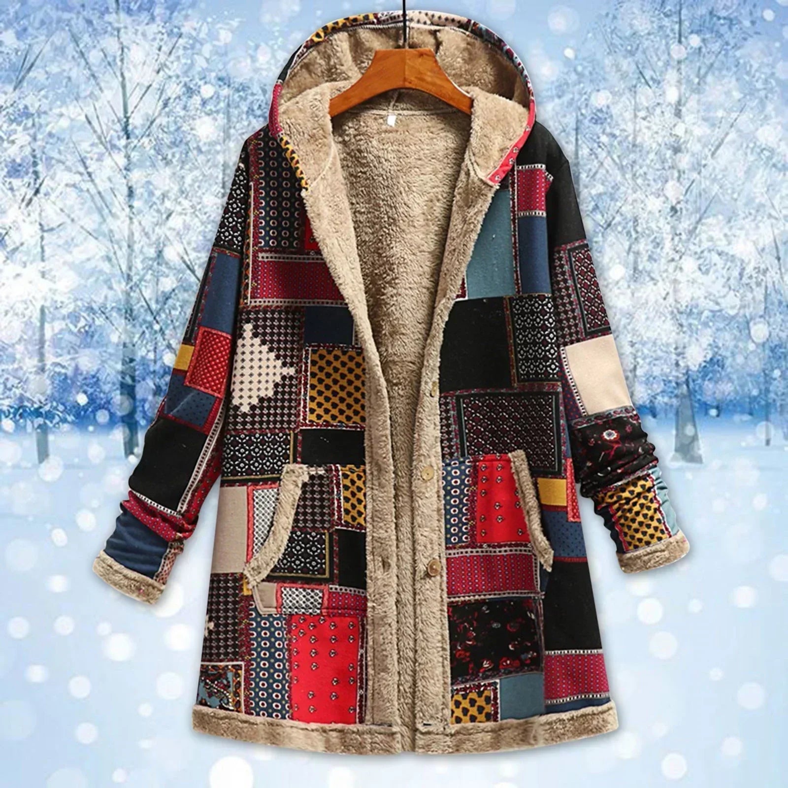 Women’s Fleece Jacket – Relaxed Fit – Hooded Patchwork – Longline Buttoned Casual Wear
