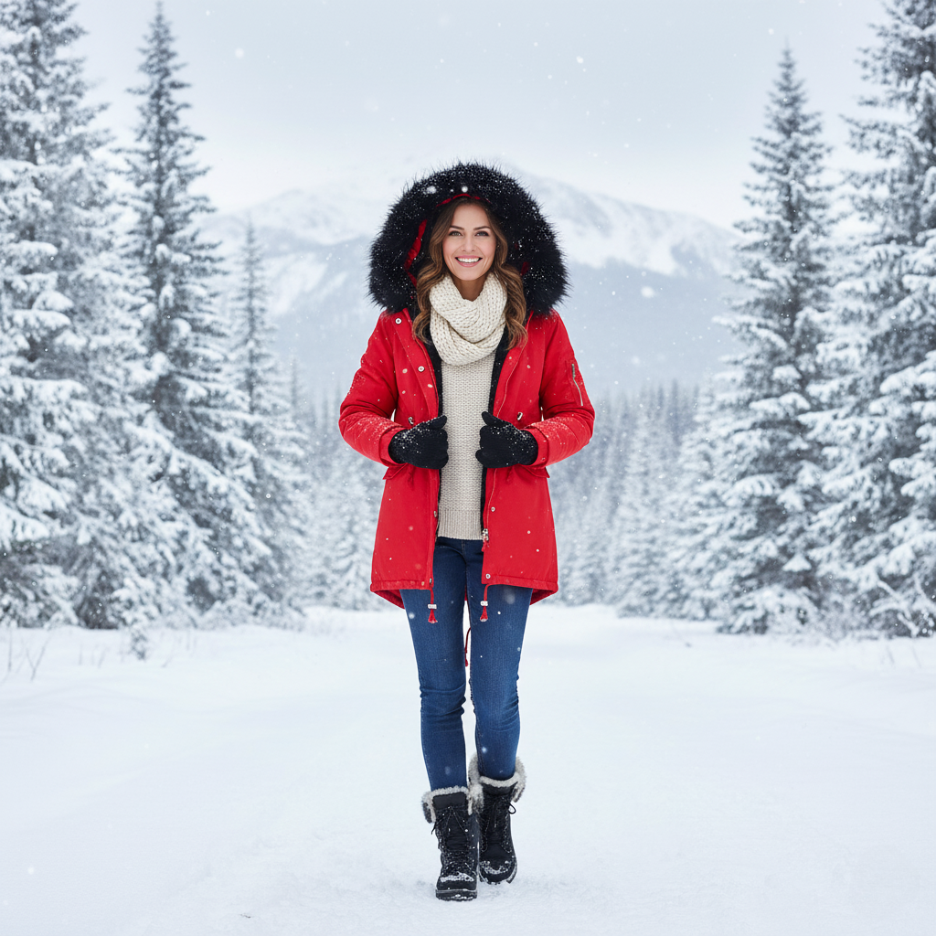 Women’s Parka Coat – Insulated Mid-Length – Faux Fur Hood – Adjustable Waist – Zip Closure