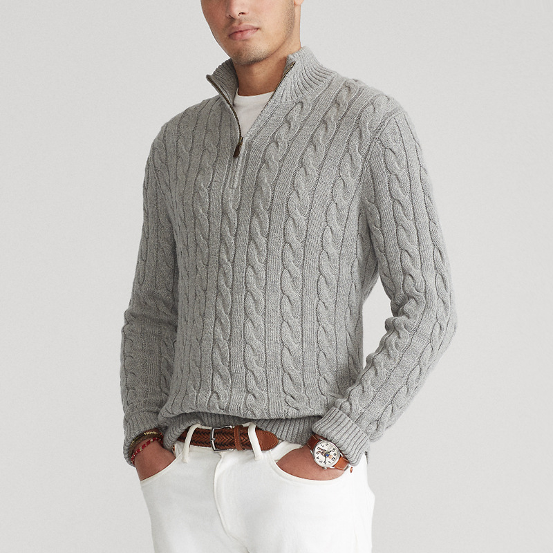 Men’s Half-Zip Sweater –  Regular Fit – Cable Knit – Ribbed Trim