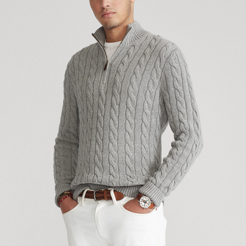 Men’s Half-Zip Sweater –  Regular Fit – Cable Knit – Ribbed Trim