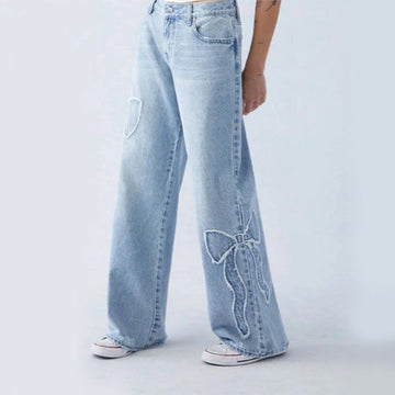 Women's Wide-Leg Jeans - High Waist - Embroidered Bow Detail - Retro Loose Fit