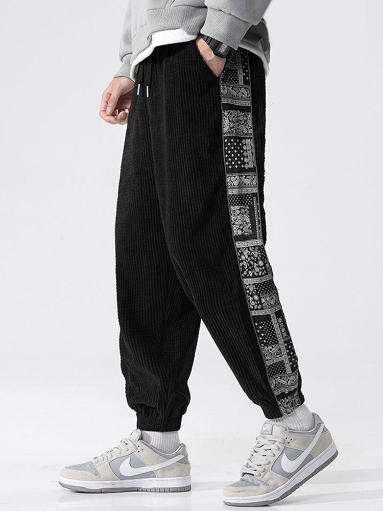 Corduroy paisley print panel pants for men