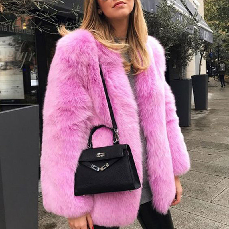 Women’s Mid-Length Coat – Faux Fur – Oversized Fit – Collarless Open Front