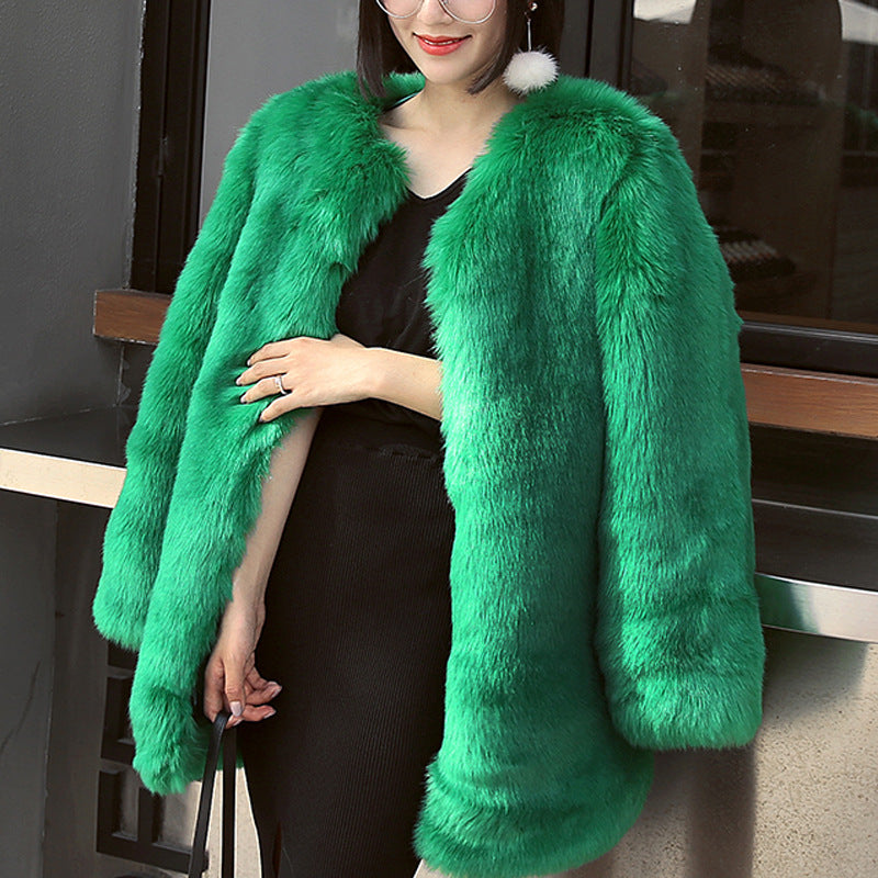 Women’s Mid-Length Coat – Faux Fur – Oversized Fit – Collarless Open Front
