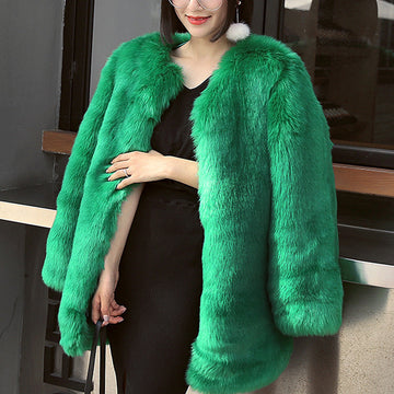 Women’s Mid-Length Coat – Faux Fur – Oversized Fit – Collarless Open Front