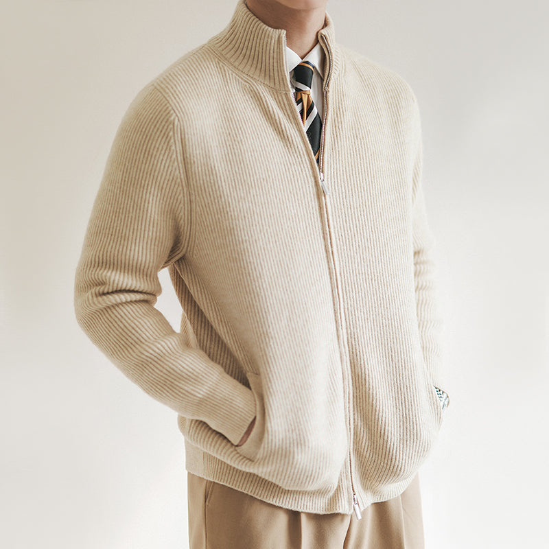 Men’s Knit Cardigan – Slim Fit Wool Blend – Ribbed Texture – Zip Front High Collar