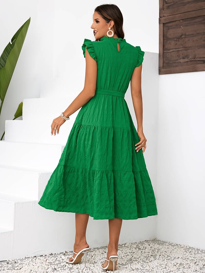 Women's Midi Dress - Sleeveless Ruffle Neckline - Belted Waist - Tiered Skirt
