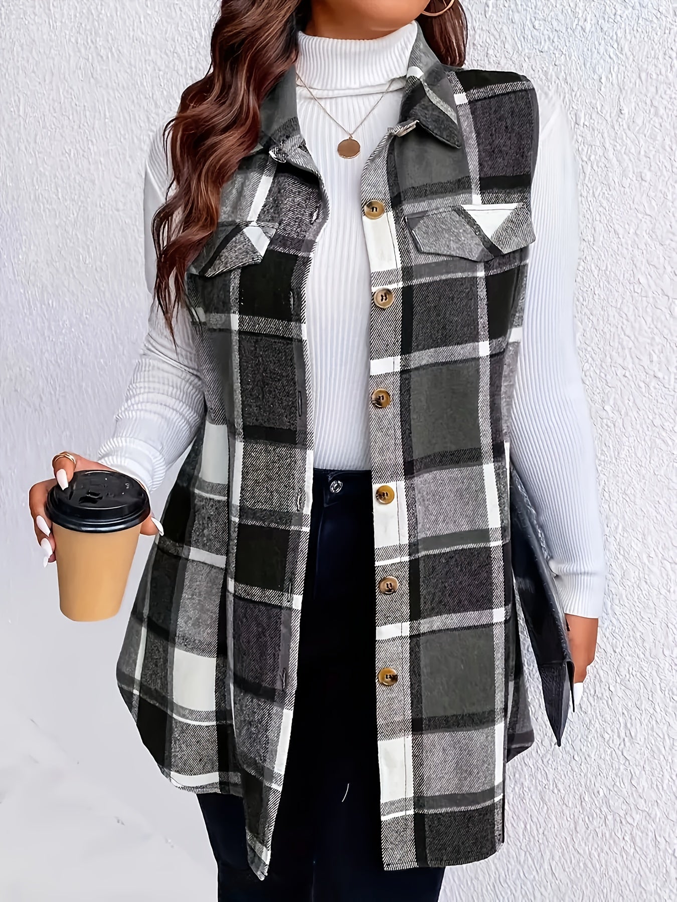 Plaid pattern vest jacket for women