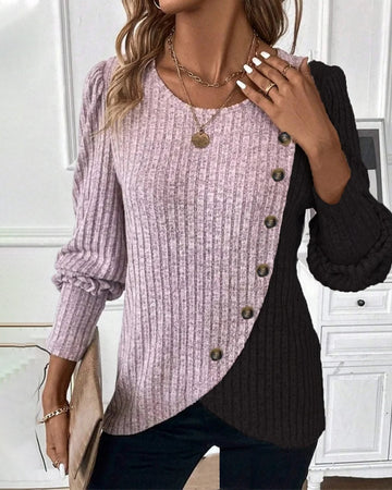Women’s Sweater – Ribbed Knit – Asymmetric Button Detail – Stylish Relaxed Fit
