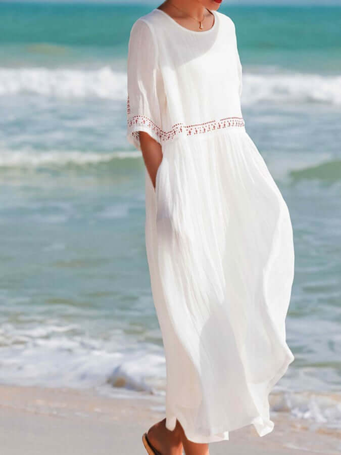 Women's Midi Dress - Loose Fit - Half Sleeve - Lightweight Flowy Fabric - Lace Trim
