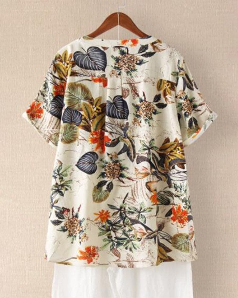 Leaf print short sleeve shirt for women