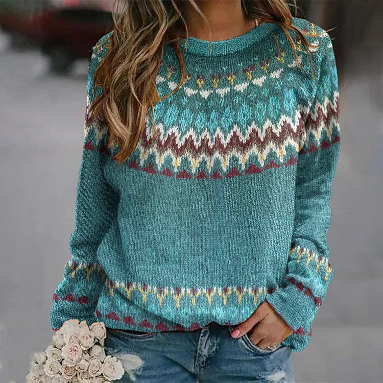 Retro wave pattern knit sweater for women