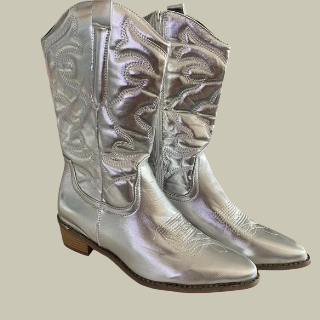 Metallic mid-calf cowboy boots for women