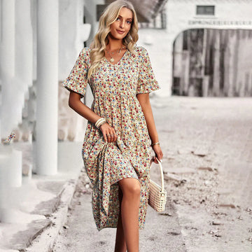 Women's Midi Dress - V-Neck - Short Flared Sleeves - Floral Print - Flowy Casual Wear