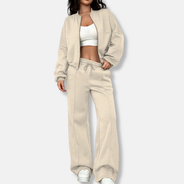Women’s Two-Piece Loungewear Set – Relaxed Bomber Jacket – High-Waisted Wide-Leg Pants – Cotton Blend
