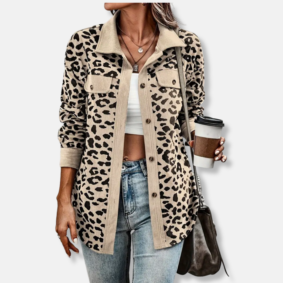 Women’s Shacket – Relaxed Fit – Corduroy Ribbed Texture – Button-Up Long Sleeve – Animal Print
