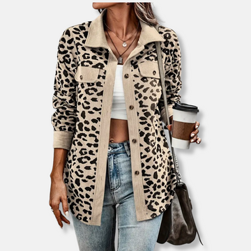 Women’s Shacket – Relaxed Fit – Corduroy Ribbed Texture – Button-Up Long Sleeve – Animal Print