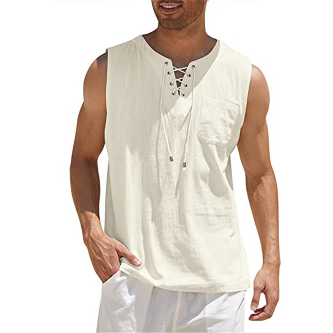 Men’s Sleeveless Shirt – Relaxed Fit – Breathable Blend – Lace-Up Front – Casual Style