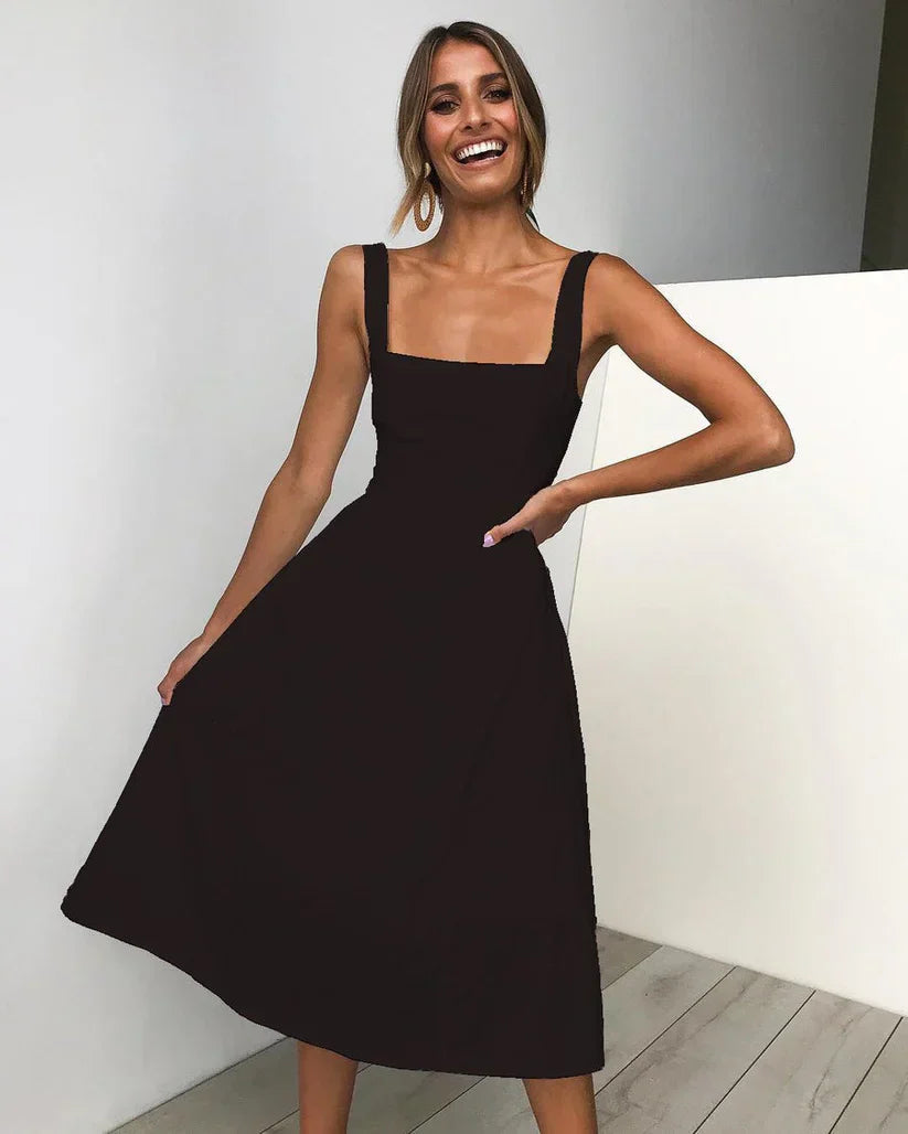 Women's Evening Dress - A-Line Midi - Square Neck - Wide Straps - Elegant Minimalist