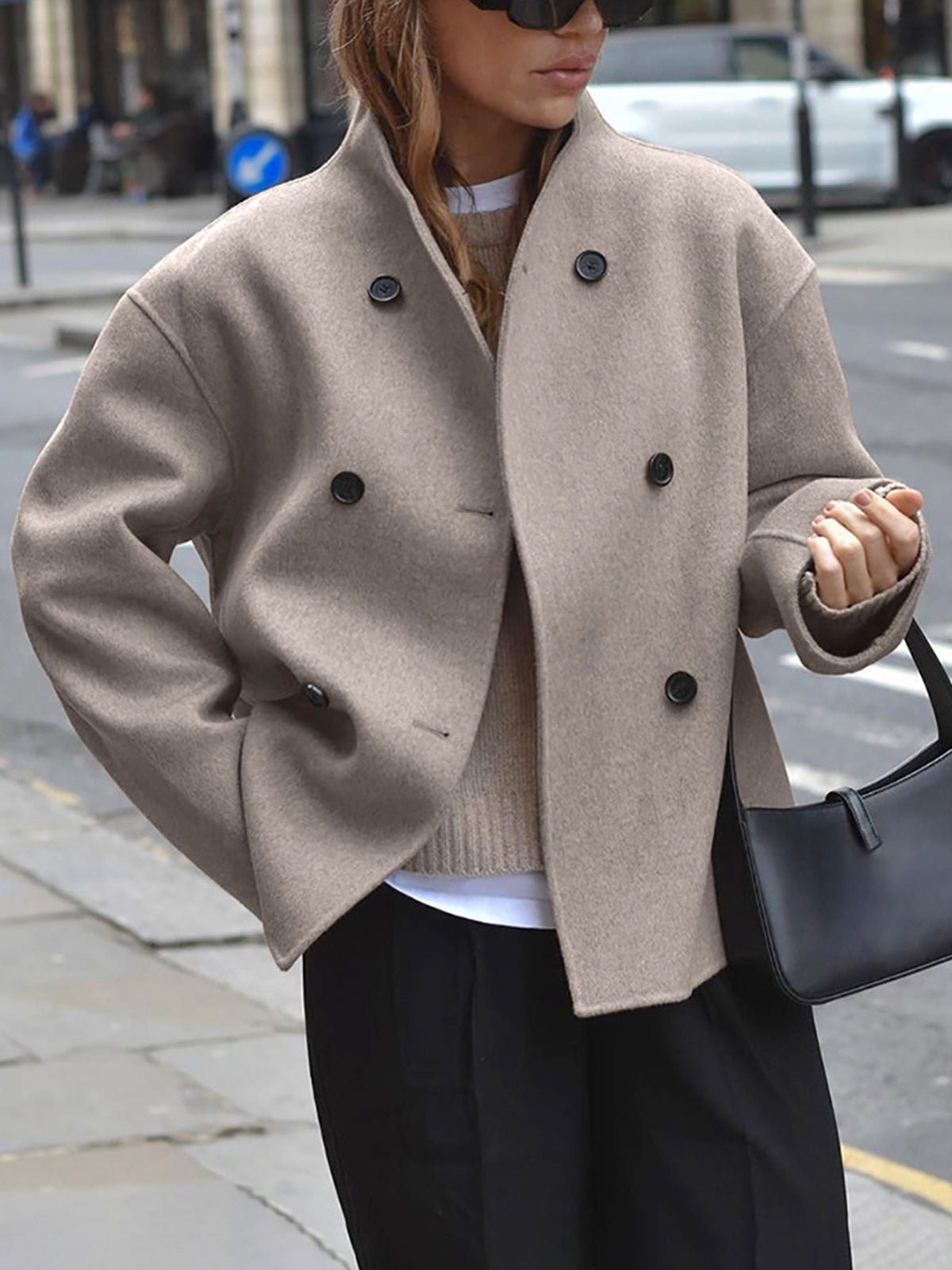Women’s Wool Jacket – Structured Fit – Double-Breasted – Stand-Up Collar – Waist Length